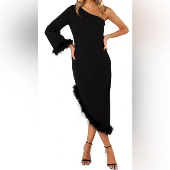 Petal & Pup Asymmetrical Midi Dress with Feather Trim - Picture 1 of 2